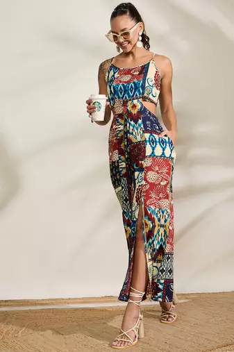 Multi-color printed waist cut-out jumpsuit