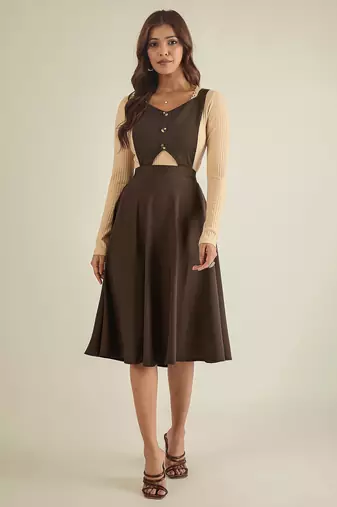 Women brown pinafore flared dress