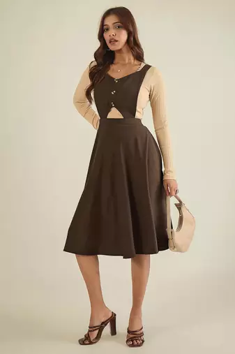 Women brown pinafore flared dress