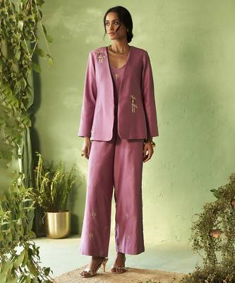 purple plain chanderi Top & Pant With Jacket 1