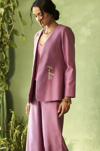 purple plain chanderi Top & Pant With Jacket