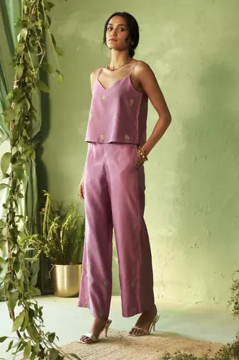 purple plain chanderi Top & Pant With Jacket