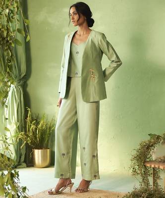 Green plain chanderi Top & Pant With Jacket 2