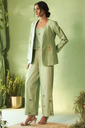 Green plain chanderi Top & Pant With Jacket