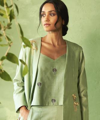 Green plain chanderi Top & Pant With Jacket 4