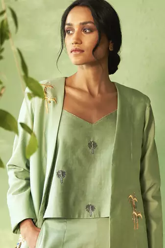 Green plain chanderi Top & Pant With Jacket