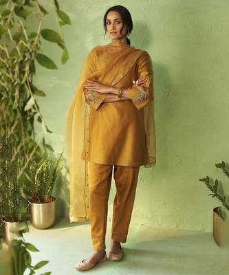 mustard plain chanderi kurta Set 1