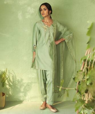 Green plain chanderi kurta Set 1