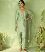 Green plain chanderi kurta Set