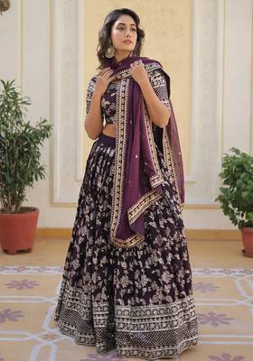 Gorgeous Wine embroidery with sequin and zari Dola Silk Jacquard indian designer wedding and party lehenga 4