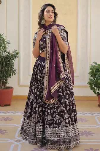 Gorgeous Wine embroidery with sequin and zari Dola Silk Jacquard indian designer wedding and party lehenga