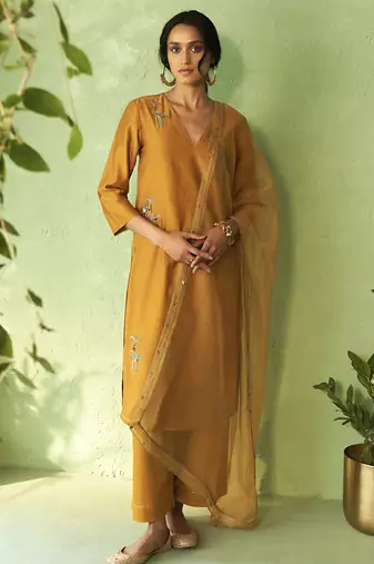 mustard plain chanderi kurta Set