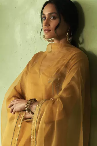 mustard plain chanderi kurta Set
