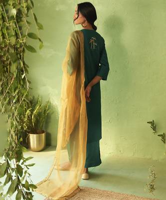 Green Embroidered Chanderi Kurta Set 5