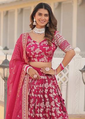 Pink Embroidered Dola Silk Jacquard indian wedding lehenga choli 2