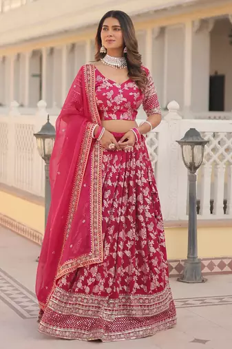 Pink Embroidered Dola Silk Jacquard indian wedding lehenga choli