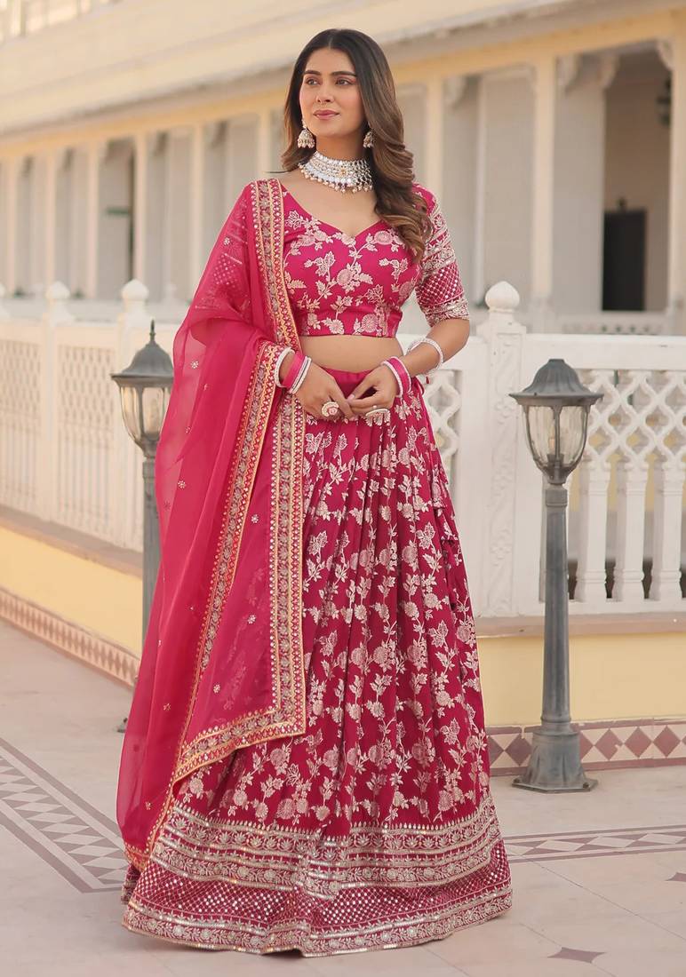 Pink Embroidered Dola Silk Jacquard indian wedding lehenga choli