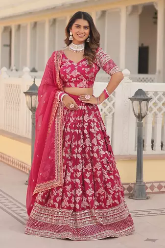 Pink Embroidered Dola Silk Jacquard indian wedding lehenga choli