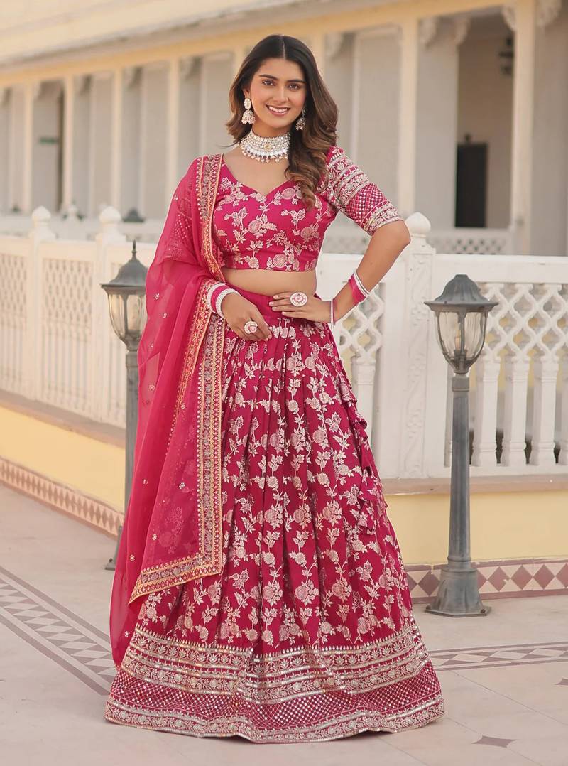 Pink Embroidered Dola Silk Jacquard indian wedding lehenga choli