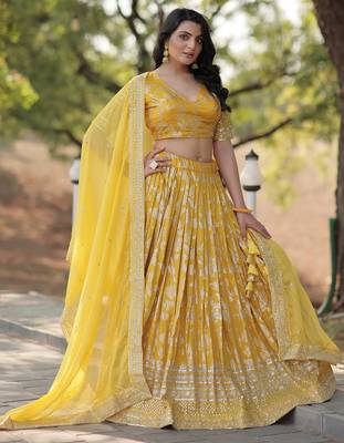 Yellow embroidery with Zari and sequins Dola Silk Jacquard indian designer wedding lehenga dress 2