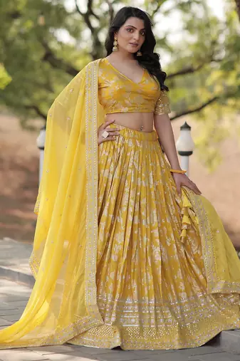 Yellow embroidery with Zari and sequins Dola Silk Jacquard indian designer wedding lehenga dress