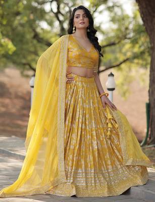 Yellow embroidery with Zari and sequins Dola Silk Jacquard indian designer wedding lehenga dress 3