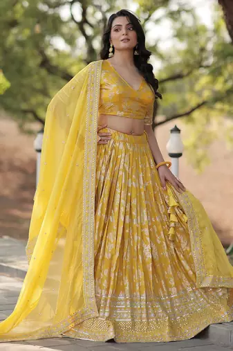 Yellow embroidery with Zari and sequins Dola Silk Jacquard indian designer wedding lehenga dress