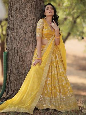 Yellow embroidery with Zari and sequins Dola Silk Jacquard indian designer wedding lehenga dress 4