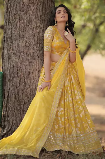 Yellow embroidery with Zari and sequins Dola Silk Jacquard indian designer wedding lehenga dress