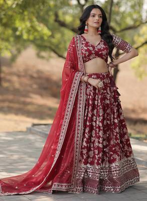 Maroon sequins with zari emrbroidery work Dola Silk Jacquard wedding indian designer lehenga choli 5