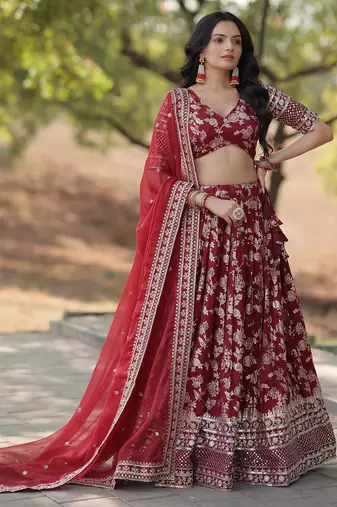 Maroon sequins with zari emrbroidery work Dola Silk Jacquard wedding indian designer lehenga choli