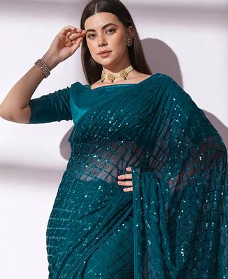 teal sequin georgette saree with unstiched blouse 2