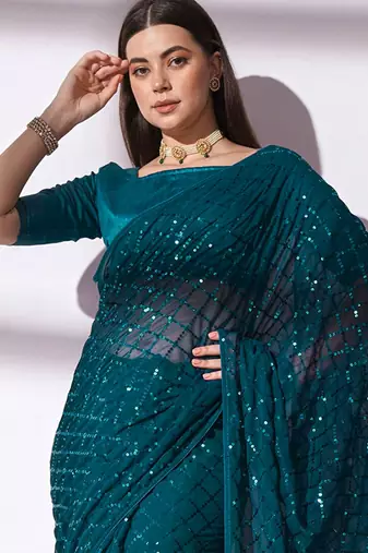 teal sequin georgette saree with unstiched blouse