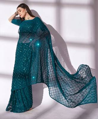teal sequin georgette saree with unstiched blouse 3
