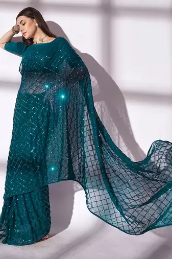 teal sequin georgette saree with unstiched blouse