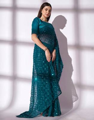 teal sequin georgette saree with unstiched blouse 4
