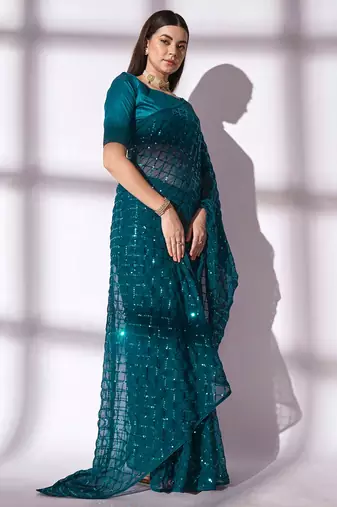 teal sequin georgette saree with unstiched blouse