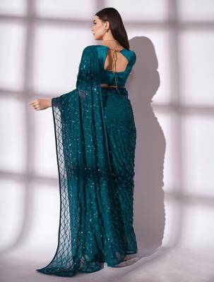 teal sequin georgette saree with unstiched blouse 5
