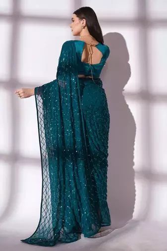 teal sequin georgette saree with unstiched blouse