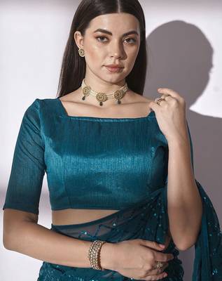 teal sequin georgette saree with unstiched blouse 6