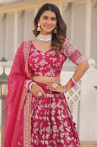 Pink Embroidered Dola Silk Jacquard indian wedding lehenga choli
