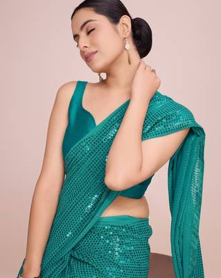 Embellished rama green color  bollywood georgette saree with unstiched blouse 1