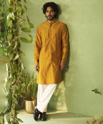 Yellow plain chanderi kurta pajama 1
