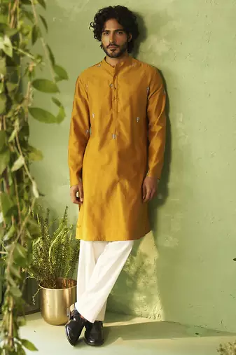 Yellow plain chanderi kurta pajama