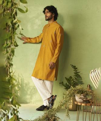 Yellow plain chanderi kurta pajama 2