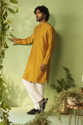 Yellow plain chanderi kurta pajama