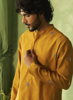 Yellow plain chanderi kurta pajama 3