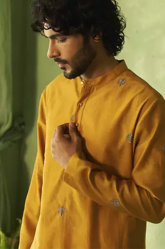 Yellow plain chanderi kurta pajama