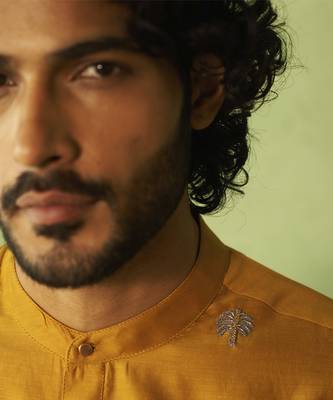 Yellow plain chanderi kurta pajama 4