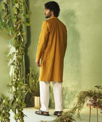 Yellow plain chanderi kurta pajama 5